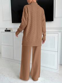 EURMUSE Women High Neck Sweater And Maxi Sweater Skirt 2 Two Pieces Set Co-Ords - Mocha Brown - View 2
