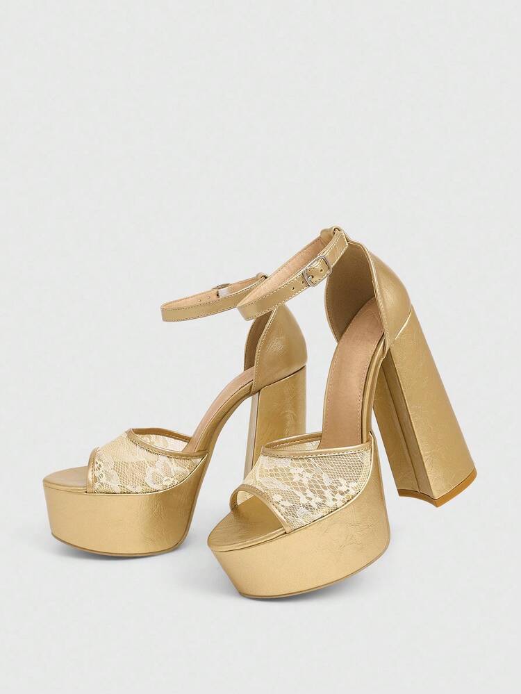 CUCCOO LuxiPop Women's Outdoor Round Toe Thick High Heel Waterproof Platform Shoes, Gold Embroidered Decor, Gold Mesh Material, Fashion Elegant Comfortable Daily Party Banquet Sandals With Buckle Strap