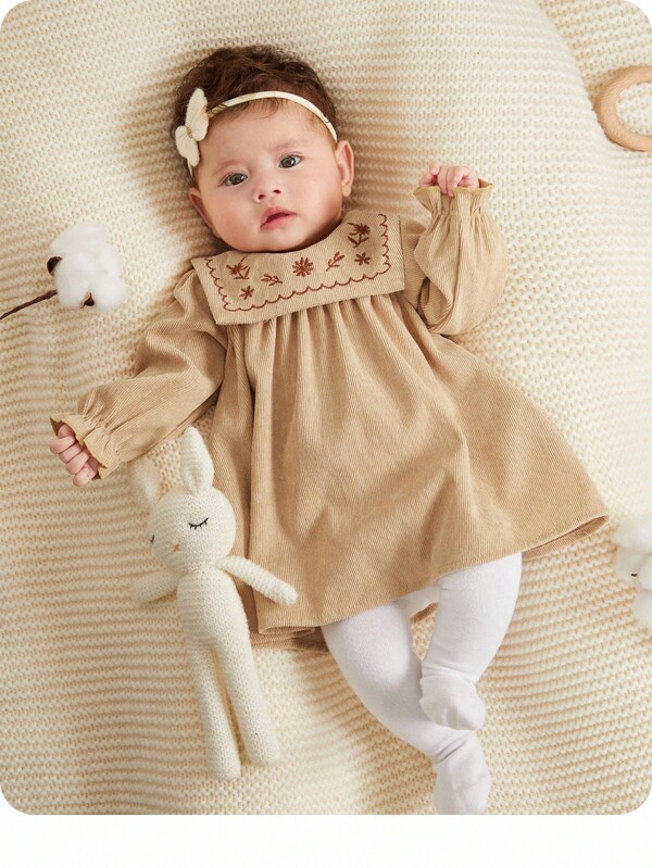 SHEIN 新生女童长袖花卉刺绣灯芯绒连衣裙，海军蓝领子，秋冬