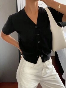 Livesso 女士纯色V领短袖修身针织上衣，商务休闲 - 黑色 - 查看 6