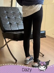 HELLO KITTY AND FRIENDS | SHEIN DAZY Tween Girl Letter Graphic Knitted Thermal Lined Leggings,Winter - Black - View 2