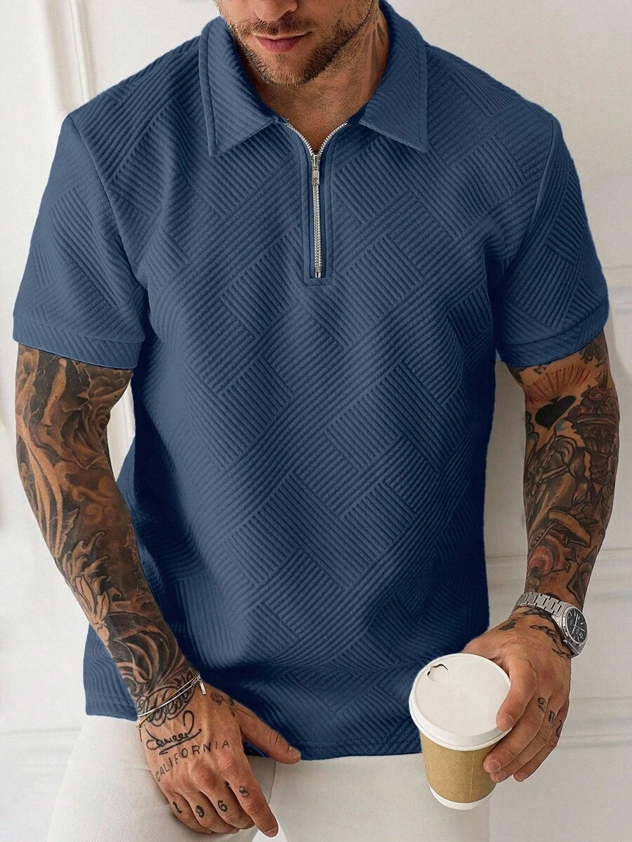Manfinity Homme Men's Solid Color Half-Zip Casual Short Sleeve Polo Shirt, Summer Polo Shirt For Men Men Shirts Polo Polo T Shirt Men Polo Men Shirt - Dusty Blue - View 1