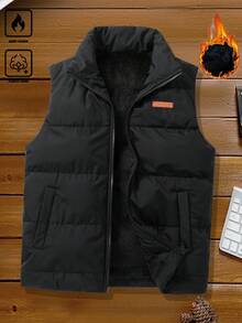 Manfinity Homme 男士秋冬立领黑色羊毛背心，棕色绗缝设计加厚棉服，休闲百搭无袖外套，男友礼物 - 黑色 - 查看 3