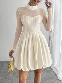 DAZY Women's Sheer Patchwork White Long Sleeve Short Dress - White - View 6