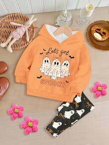Baby Girl Halloween Dark Green,Autumn,Cute,Birthday 2 Pieces Set,'s Get Ghost Bow Print Hoodie And Winter Pants,Loose Casual Fall Loungewear Outfit - Multicolor - View 2