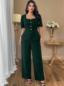 Auvina Áo khoác sơ mi đen trơn cổ vuông thanh lịch cỡ lớn dành cho nữ + Quần ống rộng cạp cao thời trang đi chơi, sang trọng và thoải mái - Màu xanh lá cây đậm - Xem 5