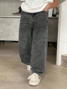 SHEIN 青少年男孩时尚休闲Y2K复古酷炫蓝色牛仔宽松舒适直筒牛仔裤，柔软舒适，适合日常穿着，也适合秋季、冬季返校、返校节、锐舞音乐节和海滩街头服饰，展现复古街头朋克Y2K风格，宽松牛仔裤 - 灰色 - 查看 3
