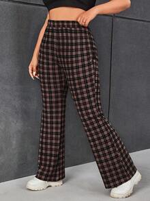 SHEIN EZwear Plus Size Plaid Print Elastic Waist Flare Pants/Winter - Brown - View 11