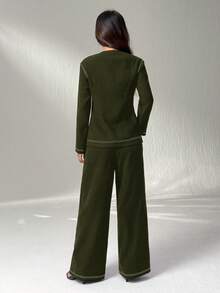 SHEIN PETITE 女式休闲纽扣长袖衬衫和宽松长裤套装秋冬女装 - 橄欖綠 - 查看 2