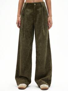 GENKIRA Quần ống đứng cổ điển thường ngày dành cho nữ, màu xanh ô liu, thiết kế vải nhung kẻ, ôm sát, hàng mới về mùa xuân - xanh quân đội - Xem 4