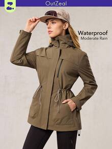 OutZeal 女式无 PFC 防水防风抽绳腰袋连帽户外外套徒步露营秋冬 - 棕色 - 查看 1