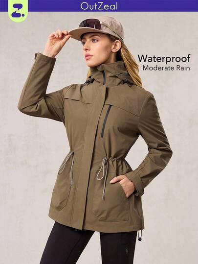 OutZeal 女式无 PFC 防水防风抽绳腰袋连帽户外外套徒步露营秋冬