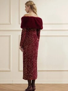 BELROSIE Glamorous Sequin Embellished Off Shoulder Dress With Detachable Faux Fur Collar, High-Slit, Long Sleeve, European Chic - Red - View 2