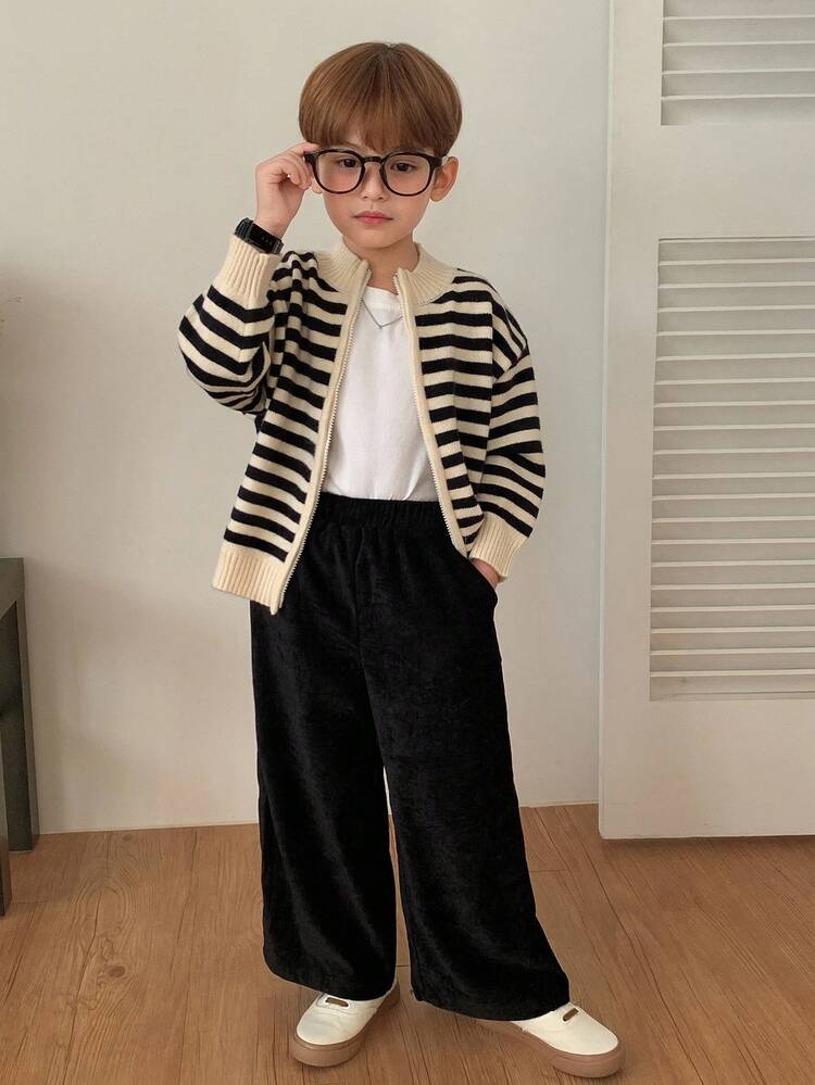 Young Boy Solid Color Elastic Waist Pockets Wide Leg Loose Casual Pants