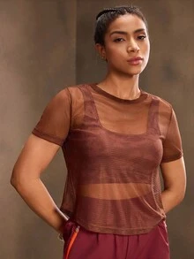 Powerista 休闲纯色镂空网眼运动T恤，夏季 - 棕色 - 查看 4