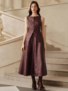 SHEIN Unity 现代复古纹理 PU 女士两件套，适合秋季、夏季、优雅、别致、新年、休闲、圣诞节 - 酒紅色 - 查看 6