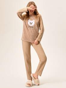 Loomlin Bộ đồ ngủ mặc nhà 2 món bằng vải lông mềm mại có thêu họa tiết hoạt hình hình GẤU dành cho nữ - Màu be - Xem 5