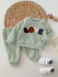 SHEIN Newborn Baby Letter Embroidered Sweatshirt And Sweatpants Set - Mint Green - View 8