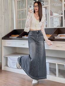 Rivivi Váy denim cạp giữa thời trang thường ngày có thắt lưng cho nữ - màu đen - Xem 6