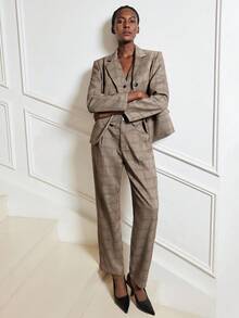 Maija 棕色格子女式休闲裤，现代褶皱宽松格子西装女式格子西装格子西装套装女式西装套装粗花呢西装，秋季女装，万圣节 - 棕色 - 查看 4