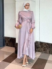 DAZY 女士优雅纯色灯笼袖系带裹身式中长连衣裙，款式端庄时尚 - 粉色 - 查看 4