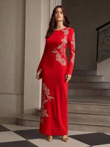 ZEYLAH Women's Floral Embroidery Round Neck Long Sleeve Fitted Elegant Dress - Red - View 6