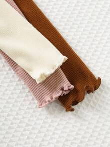 Cozy Pixies 3件套女婴纯色罗纹针织柔软圆领长袖荷叶边下摆连体衣套装 - 粉色 - 查看 5