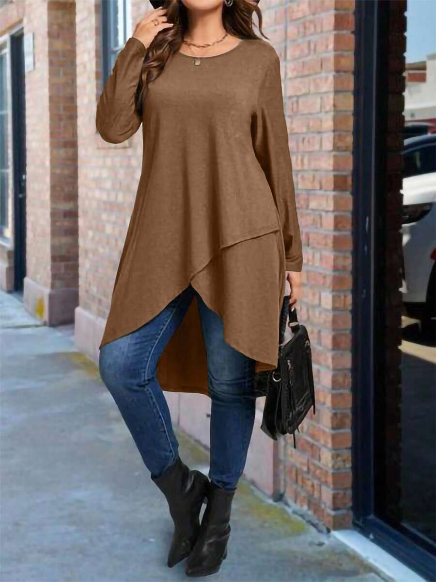 SHEIN Plus Size Solid Color Long Asymmetrical Hem Round Neck Long Sleeve T-Shirt - Khaki - View 1