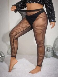 SHEIN EZwear Colanți negri cu imprimeu integral din plasă, mărime plus, potriviți pentru purtare zilnică - Negru - Vizualizare 3