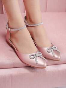Zapatos de piso cute, de mujer, con toque elegante de lazo, moño, pedrería, soporte en tobillo, estilo satinado, toque elegante, de moda. - Rosa Pálido - Ver 2
