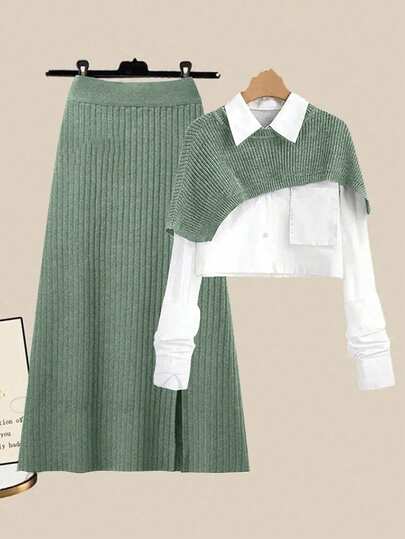 GlowEve Women's Solid Color Asymmetrical Knitted Shawl And Knitted Mini Skirt Casual 2 Pieces Set, Autumn