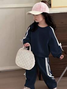 DAZY 2pcs/Set Young Girls Round Neck Knit Sweatshirt Set, Fall - Navy Blue - View 2