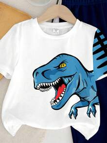 SHEIN 男婴休闲风格可爱恐龙与卡通动物拼色 Y2K 圆领短袖上衣和裤子套装