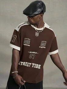 PAVTROS Men Summer Round Neck Short Sleeve Letter Printed Casual Jersey T-Shirt, Street Wear, Boyfriend Gift, Manfinity Hupemode Men Summer Casual Color Block Letter Print Short Sleeve T Shirt For Going Out For Friends, Street Wear Tops, Brown Jersey - Coffee Brown - View 6