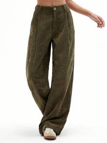 GENKIRA Quần ống đứng cổ điển thường ngày dành cho nữ, màu xanh ô liu, thiết kế vải nhung kẻ, ôm sát, hàng mới về mùa xuân - xanh quân đội - Xem 3