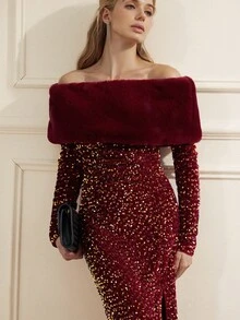 BELROSIE Glamorous Sequin Embellished Off Shoulder Dress With Detachable Faux Fur Collar, High-Slit, Long Sleeve, European Chic - Red - View 1