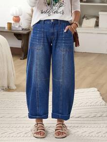 EMERY ROSE 女式口袋喇叭休闲宽松牛仔裤 - 藍色 - 查看 7