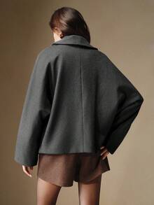 Anewsta 女士秋冬双面羊毛面料时尚百搭纯色宽松羊毛休闲夹克，咖啡色 - 灰色 - 查看 9