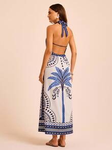 CAJUNI Backless Geometric Palm Tree Print Dress, Sexy For Vacation - Multicolor - View 2