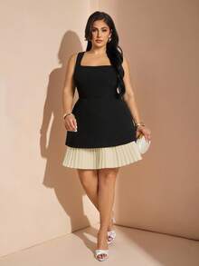 SHEIN BAE Plus Size Women's Black & White Romantic Sweet Date Outfit Dress, Layering Piece With Contrast Floral Lace Details, Suitable For Spring, Summer, Autumn