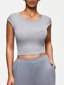 SHAPORA Áo thun ngắn tay phong cách Mỹ cổ tròn, ôm sát, co giãn, hở eo, dáng nhẹ, thường ngày cho nữ, thích hợp mặc ở nhà hoặc mặc ngoài - Xám - Xem 4