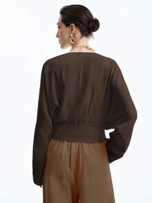 Aalyst 女士亚麻优雅办公室通勤度假休闲 V 领落肩袖衬衫，配有可调节腰带，长袖衬衫 - 咖啡棕 - 查看 2