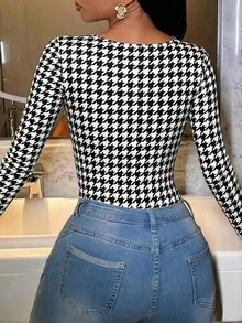 SHEIN Women's Classic Houndstooth Pattern Bodysuit, Autumn/Winter - Black and White - View 2