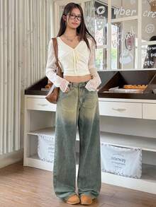 Rivivi 女式休闲阔腿直筒纽扣口袋牛仔裤 - 藍色 - 查看 5