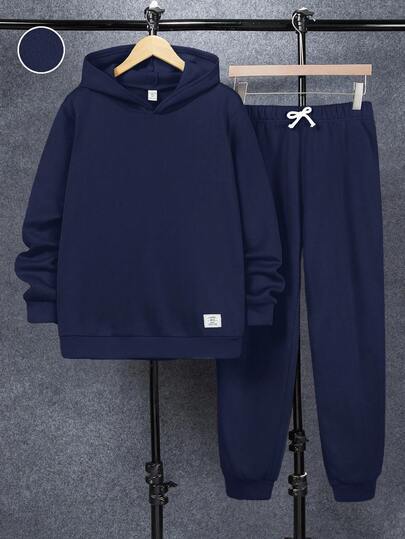 SHEIN 2 件套青少年男童休闲百搭舒适连帽纯色刺绣运动衫和裤子套装，适合派对、学校、郊游、秋冬季