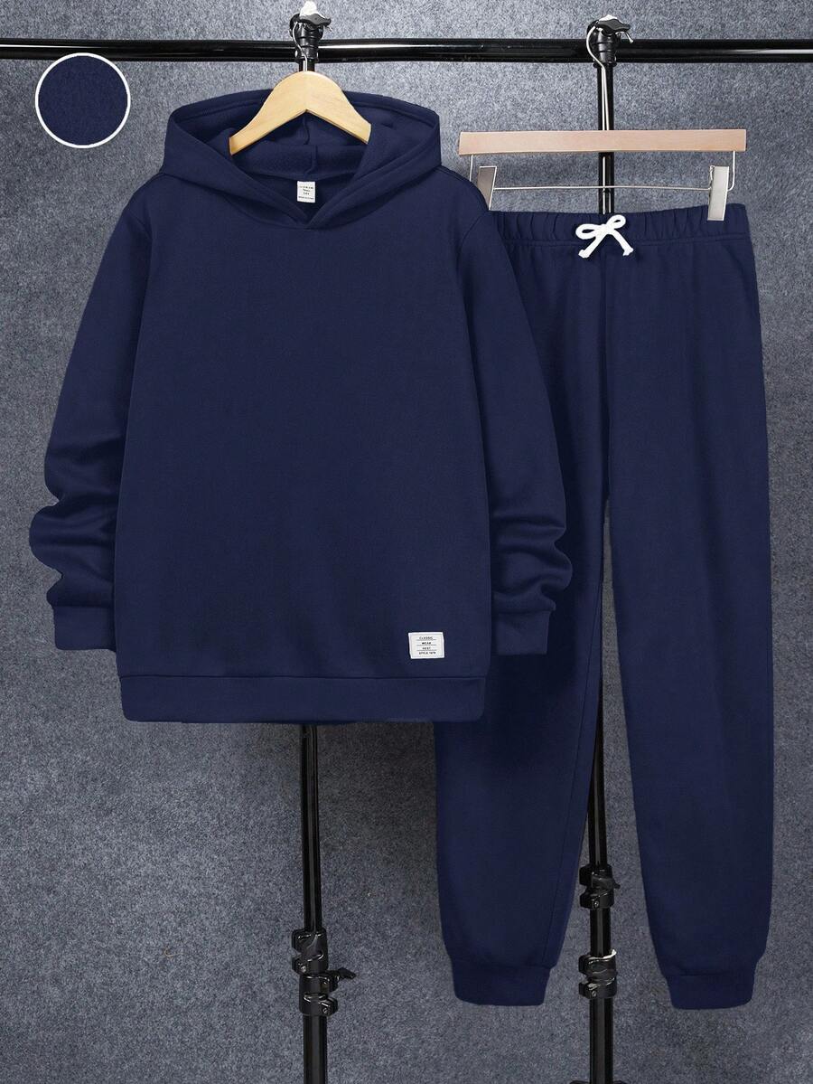 SHEIN 2 件套青少年男童休闲百搭舒适连帽纯色刺绣运动衫和裤子套装,适合派对、学校、郊游、秋冬季 - 藏蓝色 - 查看 1