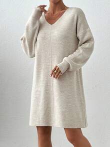 EURMUSE V Neck Long Sleeve Mini Sweater Dress - Apricot - View 2