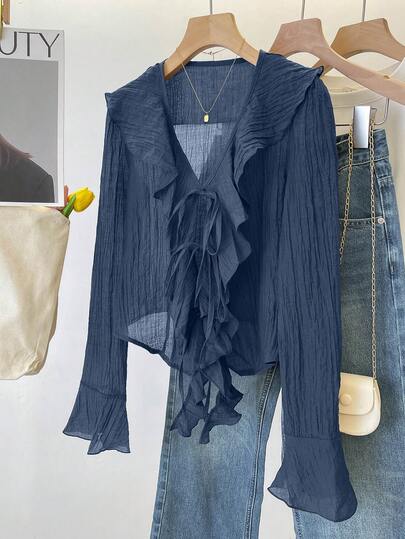 INAWLY French V-Neck Pleated Ruffle Tie Blouse