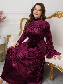 Modelyn Plus Size Women Velvet Embossed Flared Sleeve A-Line Dress, Elegant Party Evening Gown, Autumn/Winter - Red - View 6