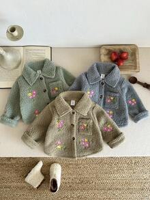SHEIN 女婴厚羊毛刺绣花领外套夹克，秋冬 - 杏色 - 查看 7
